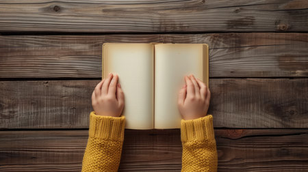 a child's hands delicately holding a book on a wooden table background, with the book open to a blank page, inviting mockup opportunities in a minimalist styleの素材