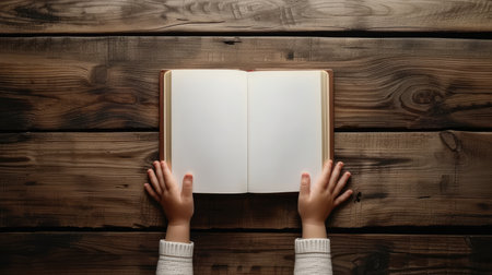 a child's hands delicately holding a book on a wooden table background, with the book open to a blank page, inviting mockup opportunities in a minimalist styleの素材
