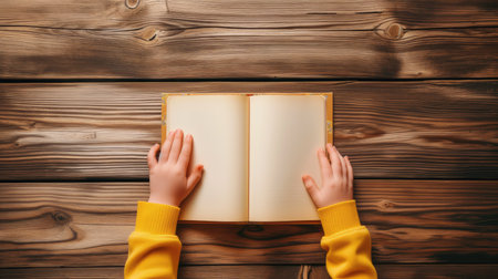 a child's hands delicately holding a book on a wooden table background, with the book open to a blank page, inviting mockup opportunities in a minimalist styleの素材