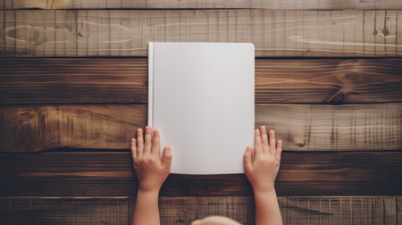 a child's hands delicately holding a book on a wooden table background, with the book open to a blank page, inviting mockup opportunities in a minimalist styleの素材