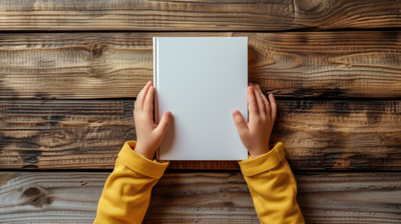 a child's hands delicately holding a book on a wooden table background, with the book open to a blank page, inviting mockup opportunities in a minimalist styleの素材