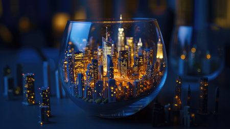 a city meticulously crafted inside a wine glass, illuminated with cinematic lighting to evoke a sense of urban charm and intrigueの素材