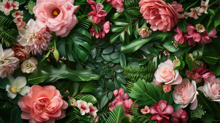 pink flowers nestled within a square frame, accentuated by lush green leaves, with ample copy space to convey a message of freshness and eleganceの素材