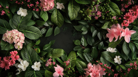 pink flowers nestled within a square frame, accentuated by lush green leaves, with ample copy space to convey a message of freshness and eleganceの素材