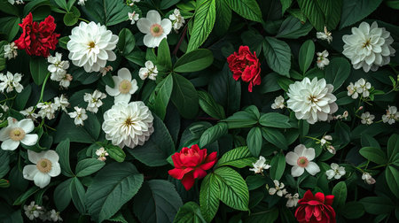 pink flowers nestled within a square frame, accentuated by lush green leaves, with ample copy space to convey a message of freshness and eleganceの素材