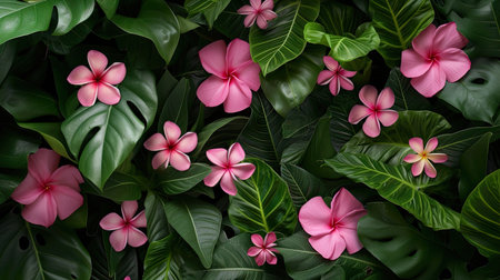 pink flowers nestled within a square frame, accentuated by lush green leaves, with ample copy space to convey a message of freshness and eleganceの素材