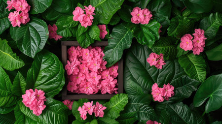 pink flowers nestled within a square frame, accentuated by lush green leaves, with ample copy space to convey a message of freshness and eleganceの素材