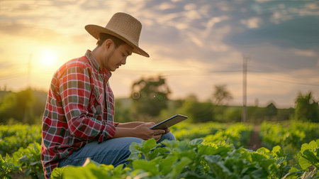 a young agronomist standing confidently in a lush green field, holding a tablet in hand while analyzing data for achieving success in farming practicesの素材