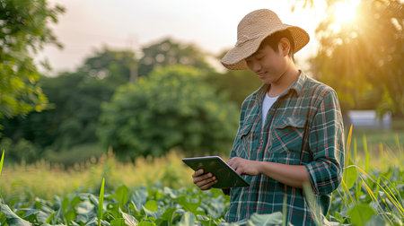 a young agronomist standing confidently in a lush green field, holding a tablet in hand while analyzing data for achieving success in farming practicesの素材