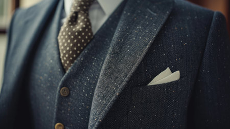 a perfect wedding suit close-up shot, highlighting its timeless elegance and impeccable craftsmanship, ideal for advertising campaigns or infographics.の素材