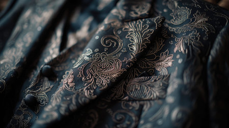 a perfect wedding suit close-up shot, highlighting its timeless elegance and impeccable craftsmanship, ideal for advertising campaigns or infographics.の素材