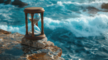 an hourglass standing atop a broken stone, positioned against the backdrop of a breathtaking seascape, highlighting the passage of time amidst the rugged beauty of natureの素材
