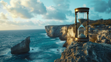 an hourglass standing atop a broken stone, positioned against the backdrop of a breathtaking seascape, highlighting the passage of time amidst the rugged beauty of natureの素材