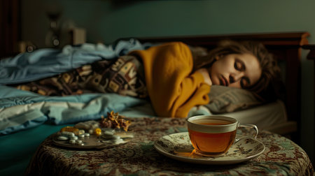 an empty white table adorned with vitamins and a steaming cup of hot tea, with a woman peacefully sleeping on a bed in the background, set within a bright living room boasting modern minimalist decorの素材
