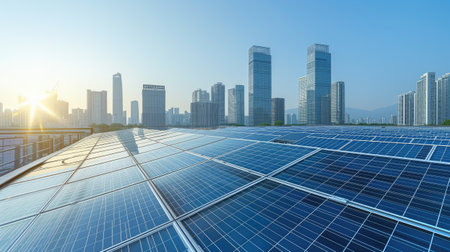 solar panels installed on rooftop settings against a backdrop, showcasing their environmental impact and clean energy contribution in a style reminiscent of dark emeraldの素材