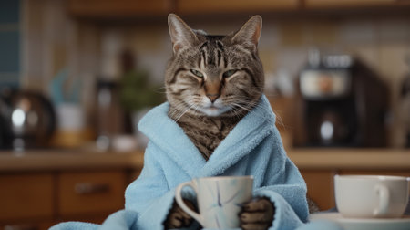 a cat dressed in a bathrobe enjoying a cup of coffee in the kitchen, radiating warmth and relaxation in a domestic settingの素材