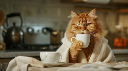 a cat dressed in a bathrobe enjoying a cup of coffee in the kitchen, radiating warmth and relaxation in a domestic settingの素材