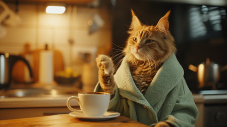 a cat dressed in a bathrobe enjoying a cup of coffee in the kitchen, radiating warmth and relaxation in a domestic settingの素材