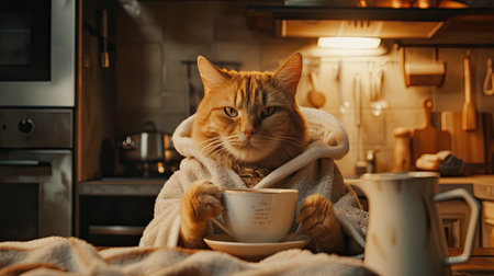 a cat dressed in a bathrobe enjoying a cup of coffee in the kitchen, radiating warmth and relaxation in a domestic settingの素材