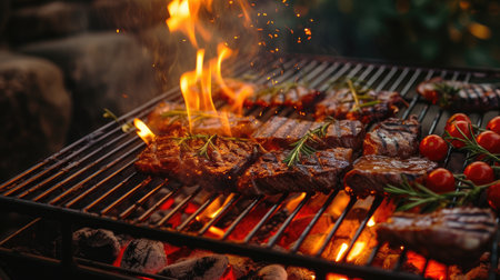an outdoor barbecue grill as flames dance around succulent meats and vegetables, evoking the mouthwatering aroma of grilled delicacies in the open airの素材