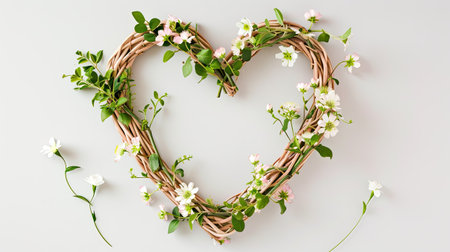a heart-shaped frame from wicker plants adorned with vibrant flowers against a clean white background, ample space for text, perfect for romantic messages, wedding announcements, or greetingsの素材