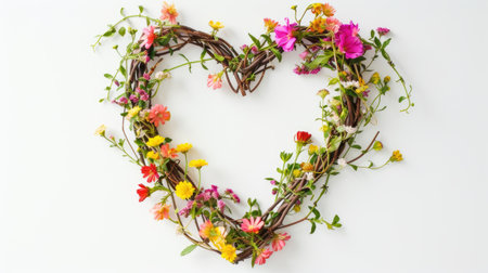a heart-shaped frame from wicker plants adorned with vibrant flowers against a clean white background, ample space for text, perfect for romantic messages, wedding announcements, or greetingsの素材