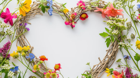 a heart-shaped frame from wicker plants adorned with vibrant flowers against a clean white background, ample space for text, perfect for romantic messages, wedding announcements, or greetingsの素材