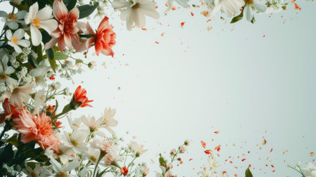 a floral wreath delicately arranged on a light background, with ample free space for text, perfect for wedding invitations, greeting cards, or announcements, exuding beauty and sophisticationの素材