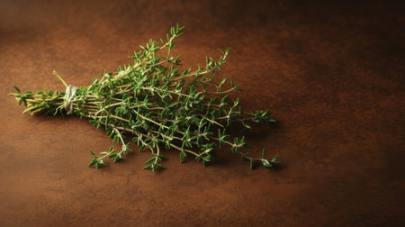 a bountiful bunch of fresh thyme on a rich brown background, highlighting the intricate textures and vibrant colors of the herbの素材
