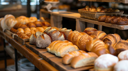 an artisanal bread display arranged on a wooden counter, showcasing a variety of freshly baked loaves, rolls, and pastries, evoking the warm aroma and wholesome appeal of homemade bakery delightsの素材
