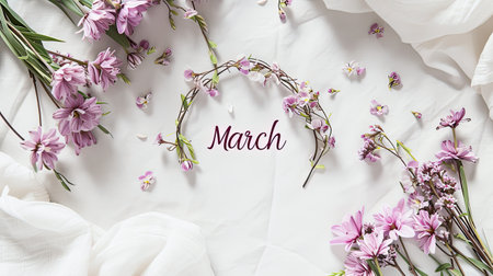the text March delicately intertwined with a floral wreath, set against a light background, evoking the freshness and beauty of spring, perfect for seasonal greetings or calendar designsの素材