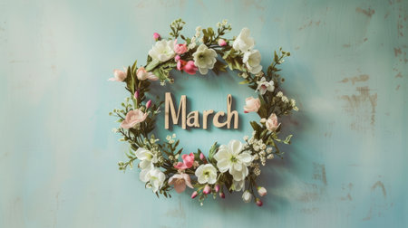 the text March delicately intertwined with a floral wreath, set against a light background, evoking the freshness and beauty of spring, perfect for seasonal greetings or calendar designsの素材