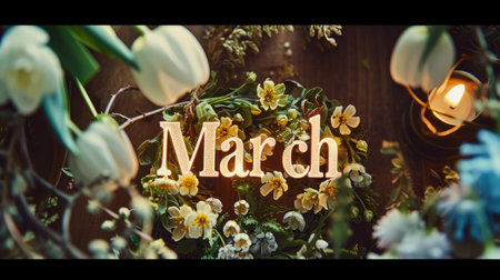 the text March delicately intertwined with a floral wreath, set against a light background, evoking the freshness and beauty of spring, perfect for seasonal greetings or calendar designsの素材