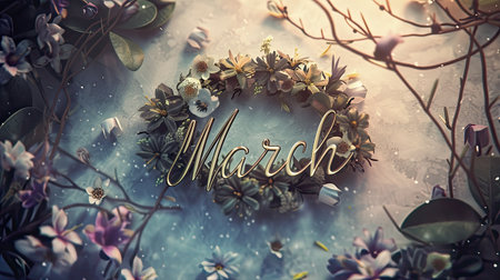 the text March delicately intertwined with a floral wreath, set against a light background, evoking the freshness and beauty of spring, perfect for seasonal greetings or calendar designsの素材