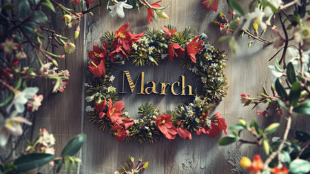 the text March delicately intertwined with a floral wreath, set against a light background, evoking the freshness and beauty of spring, perfect for seasonal greetings or calendar designsの素材