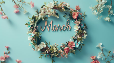 the text March delicately intertwined with a floral wreath, set against a light background, evoking the freshness and beauty of spring, perfect for seasonal greetings or calendar designsの素材