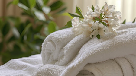 a spa treatment through a captivating image of a massage area embellished with plush white towels and fresh flowers, highlighting the allure of relaxation and pampering in a serene environmentの素材