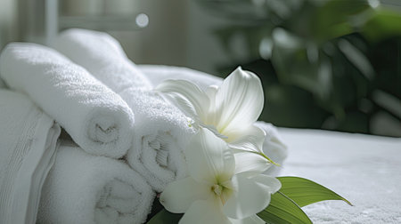a spa treatment through a captivating image of a massage area embellished with plush white towels and fresh flowers, highlighting the allure of relaxation and pampering in a serene environmentの素材