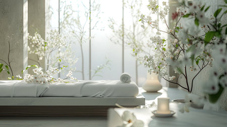 a spa treatment through a captivating image of a massage area embellished with plush white towels and fresh flowers, highlighting the allure of relaxation and pampering in a serene environmentの素材