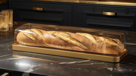 a baker handing baked baguette crafted with care, encased in a golden and glass packaging, within the cozy ambiance of a traditional French bakery, evoking, of artisanal craftsmanshipの素材