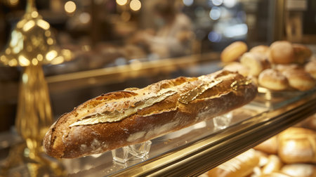 a baker handing baked baguette crafted with care, encased in a golden and glass packaging, within the cozy ambiance of a traditional French bakery, evoking, of artisanal craftsmanshipの素材