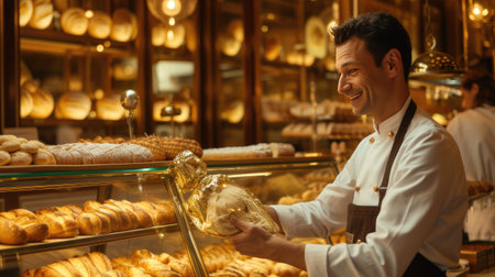 a baker handing baked baguette crafted with care, encased in a golden and glass packaging, within the cozy ambiance of a traditional French bakery, evoking, of artisanal craftsmanshipの素材