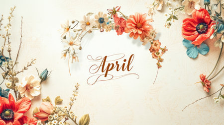 the text April surrounded by a delicate floral wreath, adorning a light background with soft hues, evoking the freshness and beauty of spring, ideal for seasonal greetings or calendar designsの素材