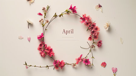 the text April surrounded by a delicate floral wreath, adorning a light background with soft hues, evoking the freshness and beauty of spring, ideal for seasonal greetings or calendar designsの素材