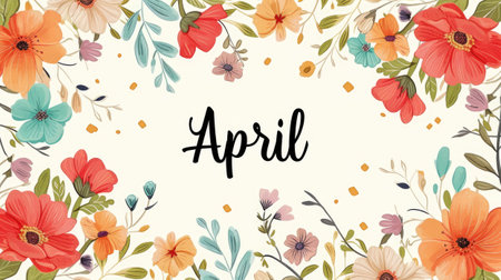 the text April surrounded by a delicate floral wreath, adorning a light background with soft hues, evoking the freshness and beauty of spring, ideal for seasonal greetings or calendar designsの素材