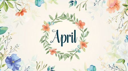 the text April surrounded by a delicate floral wreath, adorning a light background with soft hues, evoking the freshness and beauty of spring, ideal for seasonal greetings or calendar designsの素材