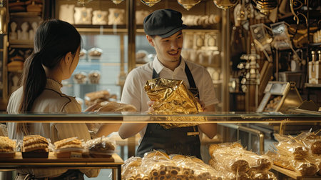 a baker handing baked baguette crafted with care, encased in a golden and glass packaging, within the cozy ambiance of a traditional French bakery, evoking, of artisanal craftsmanshipの素材