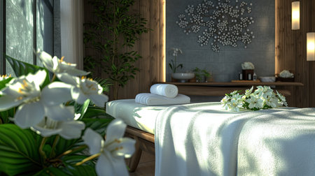 a spa treatment through a captivating image of a massage area embellished with plush white towels and fresh flowers, highlighting the allure of relaxation and pampering in a serene environmentの素材