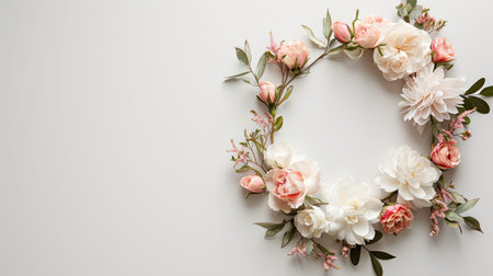 a floral wreath delicately arranged on a light background, with ample free space for text, perfect for wedding invitations, greeting cards, or announcements, exuding beauty and sophisticationの素材