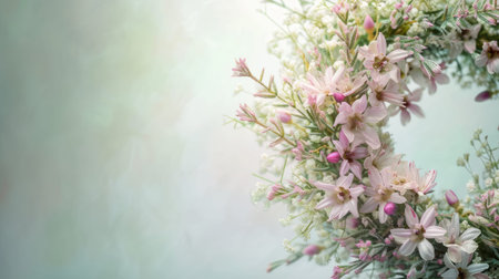 a floral wreath delicately arranged on a light background, with ample free space for text, perfect for wedding invitations, greeting cards, or announcements, exuding beauty and sophisticationの素材